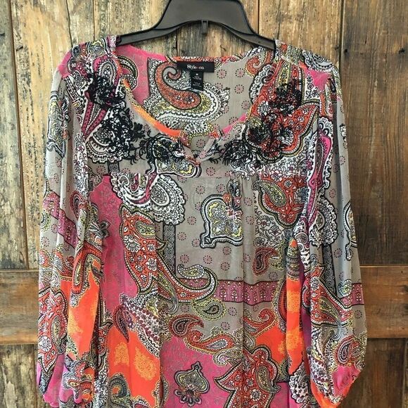 Style & Co. Sz M Sheer Orange Paisley Embroidered Lace Bohemian Blouse - Picture 3 of 7